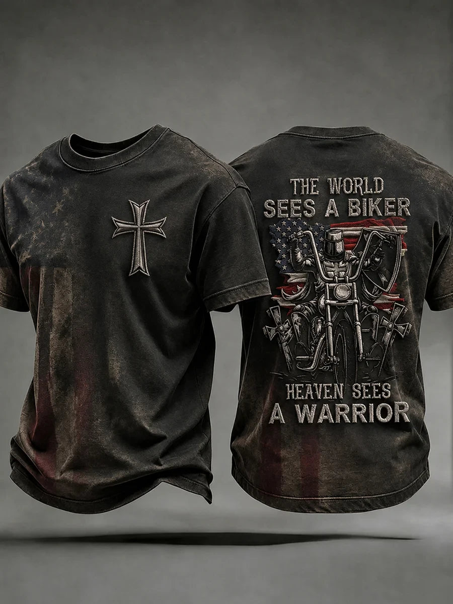 The World Sees A Biker Heaven Sees A Warrior T-Shirt Christian Gift For Motorcycle Biker - Merchluma