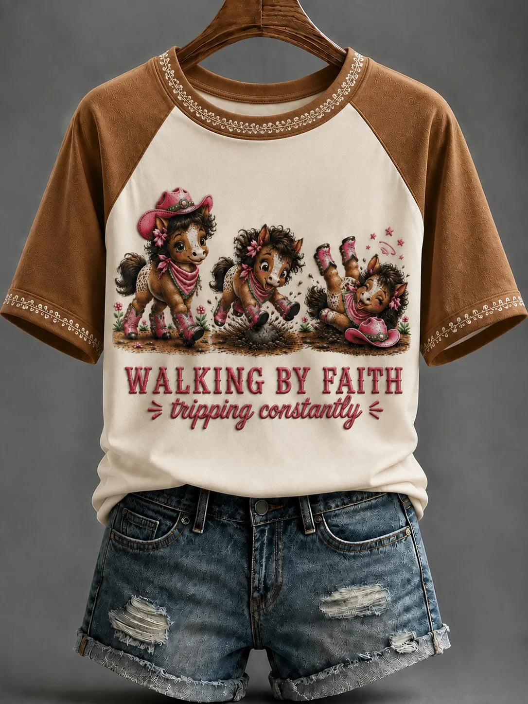Horse Walking By Faith Tripping Constantly T-Shirt Funny Christian Apparel Gift For Horse Lover - Merchluma