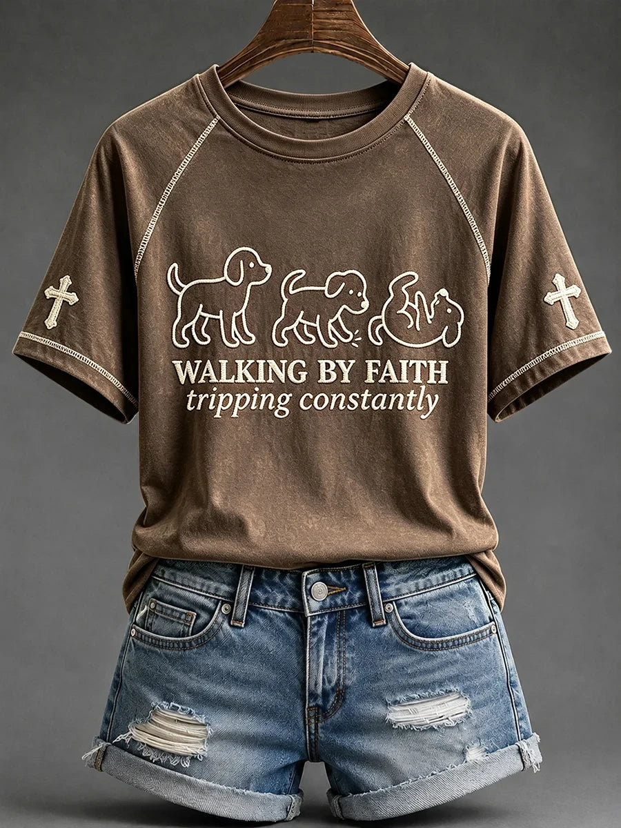 Walking By Faith Tripping Constantly Puppy Dog T-Shirt Funny Cute Christian Apparel BFF Gifts - Merchluma