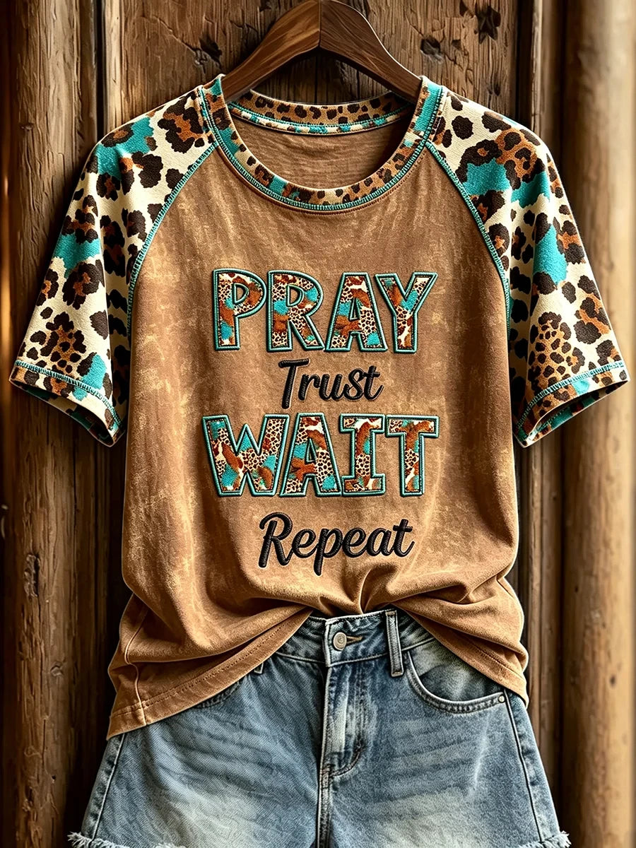 Western Pray Trust Wait Repeat T-Shirt Faith Based Apparel Religious Gifts For Mom - Merchluma