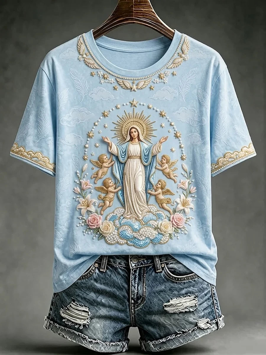 Assumption Of Mary Faith Art T-Shirt Floral Our Lady Of Grace Christian Apparel Mom Gifts - Merchluma