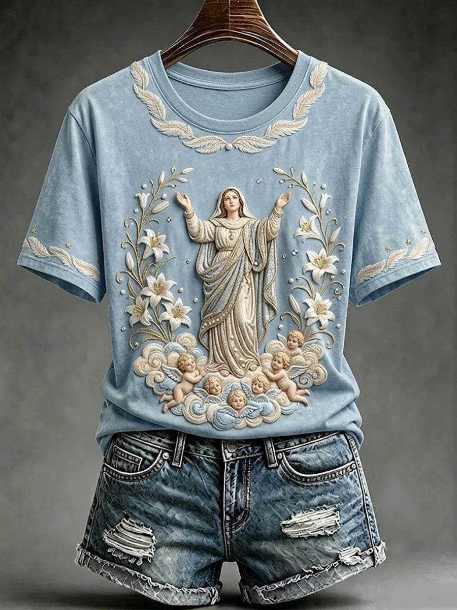 Assumption Of Mary Faith Art T-Shirt Floral Virgin Mary Merch Catholic Apparel Gift For Mom - Merchluma