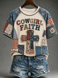 Cowgirl Faith Retro Western Cross Patchwork T-Shirt Christian Presents For Her - Merchluma