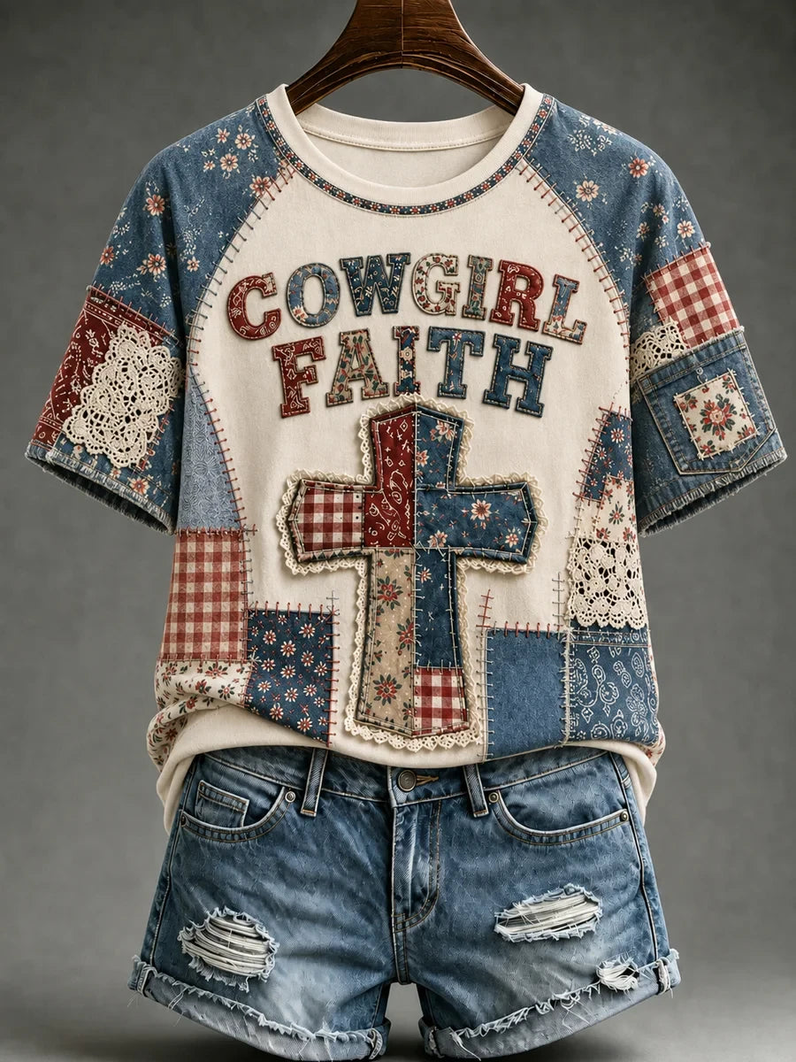 Cowgirl Faith Retro Western Cross Patchwork T-Shirt Christian Presents For Her - Merchluma