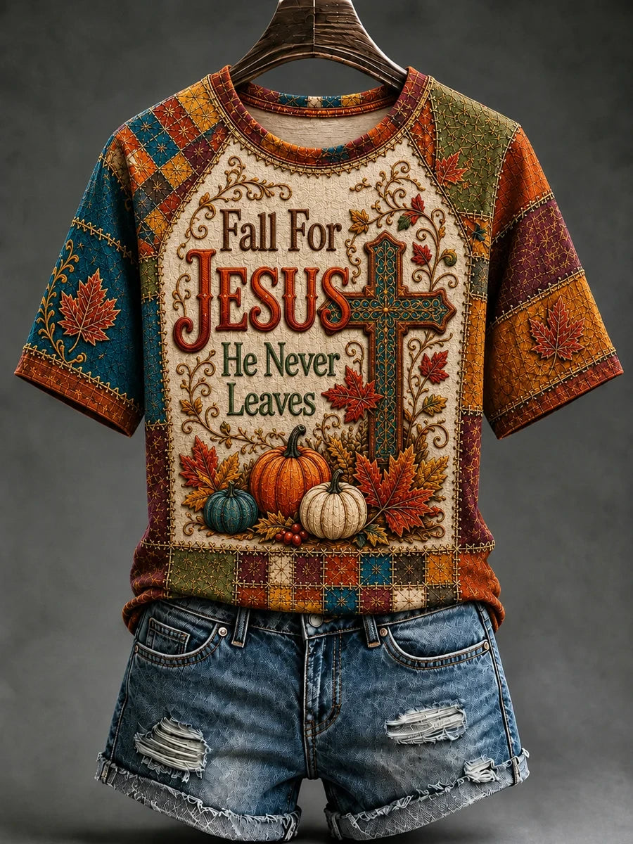 Fall For Jesus He Never Leaves T-Shirt Cross Art Autumn Apparel Faith Based Gifts Ideas - Merchluma