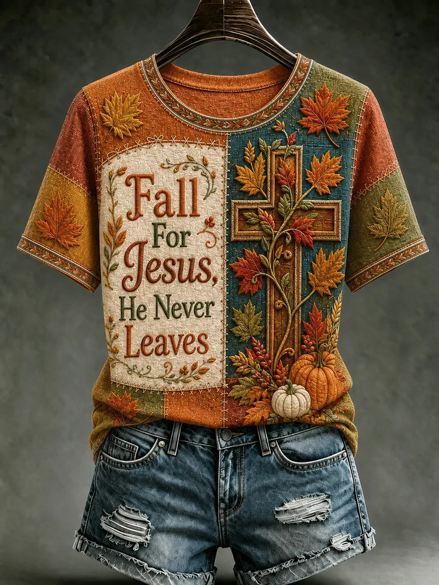 Fall For Jesus He Never Leaves T-Shirt Cross Art Autumn Apparel Gift For Religious - Merchluma