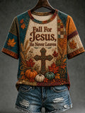 Fall For Jesus He Never Leaves T-Shirt Cross Art Pumpkin Autumn Outfits Christian Gifts - Merchluma