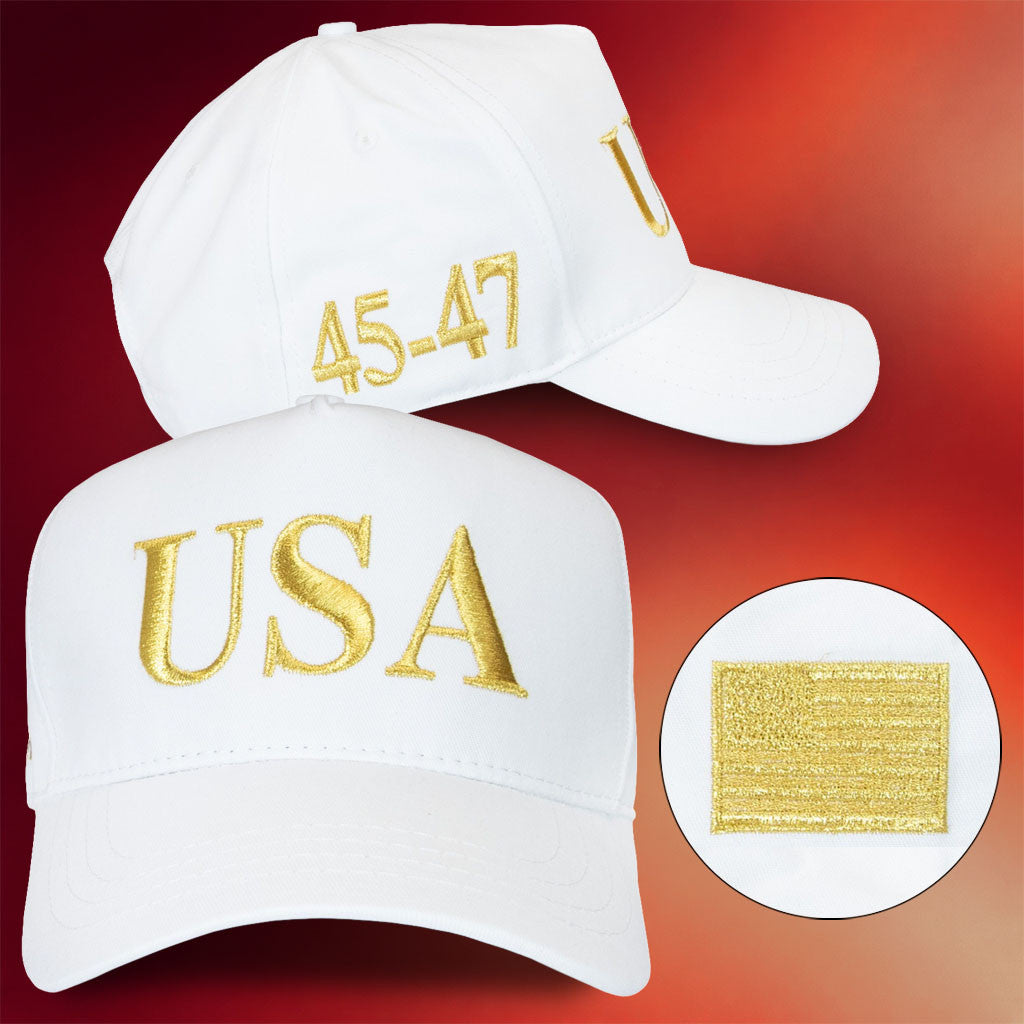 Trump USA 45 47 Hat Embroidered White Yellow MAGA Donald Trump Cap Gifts For Patriots - Merchluma