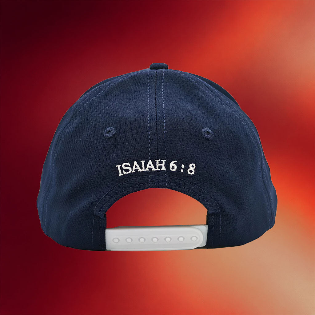 Valuetainment Merch Here Am I Send Me Isaiah 6 8 Navy Hat Embroidered Dad Birthday Gifts - Merchluma