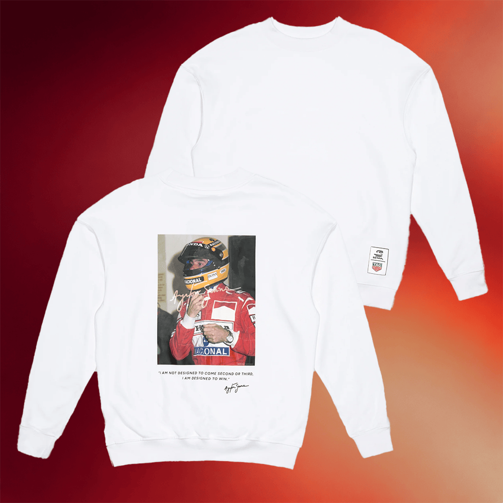 Senna Merch Tag Heuer X Senna Badge Sweatshirt White Gifts For Racing Lovers - Merchluma