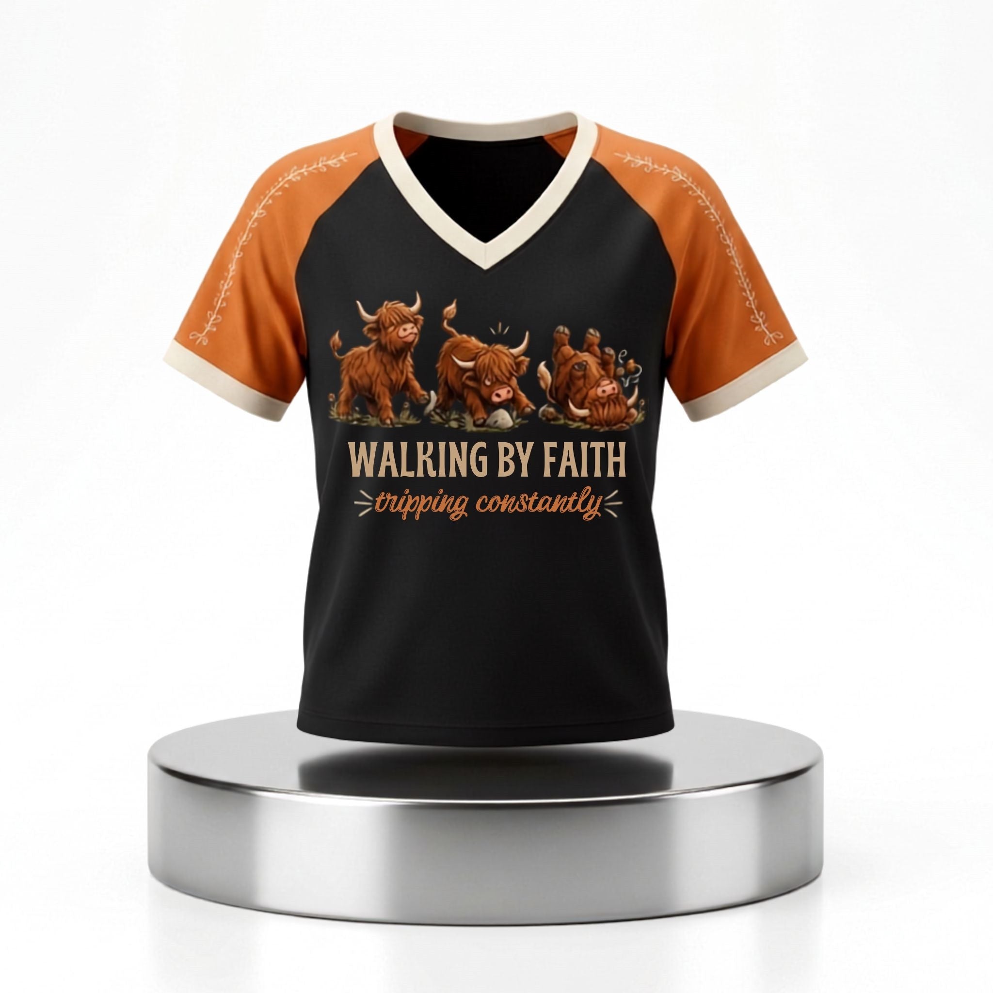 Cow Walking By Faith Tripping Constantly V-Neck Shirt Funny Christian Apparel Gifts For Her - Merchluma
