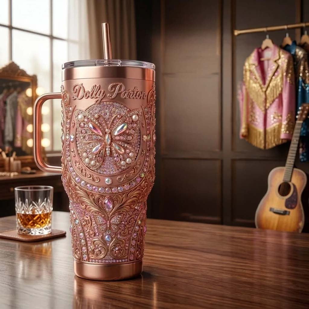 Dolly Parton Rose Gold Butterfly Stanley Tumbler Dolly Parton Merch Best Gift For Country Fans - Merchluma