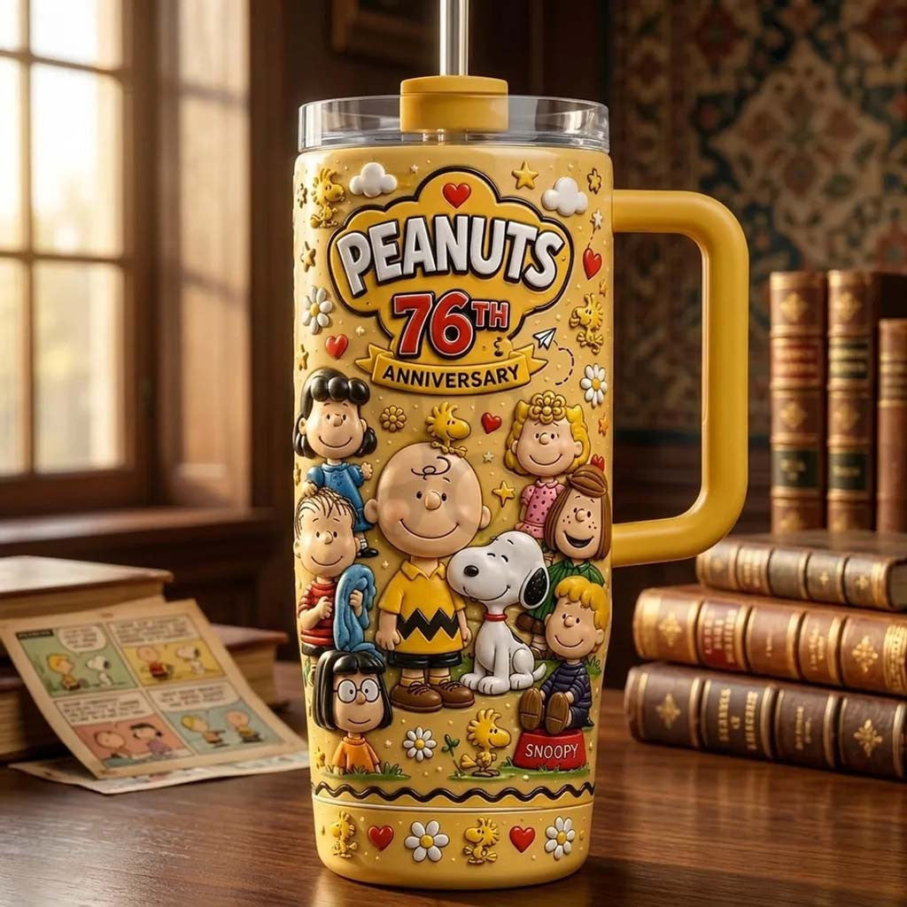 Peanuts 76th Anniversary Yellow Stanley Tumbler Cute Characters Travel Cup Peanuts Merch - Merchluma