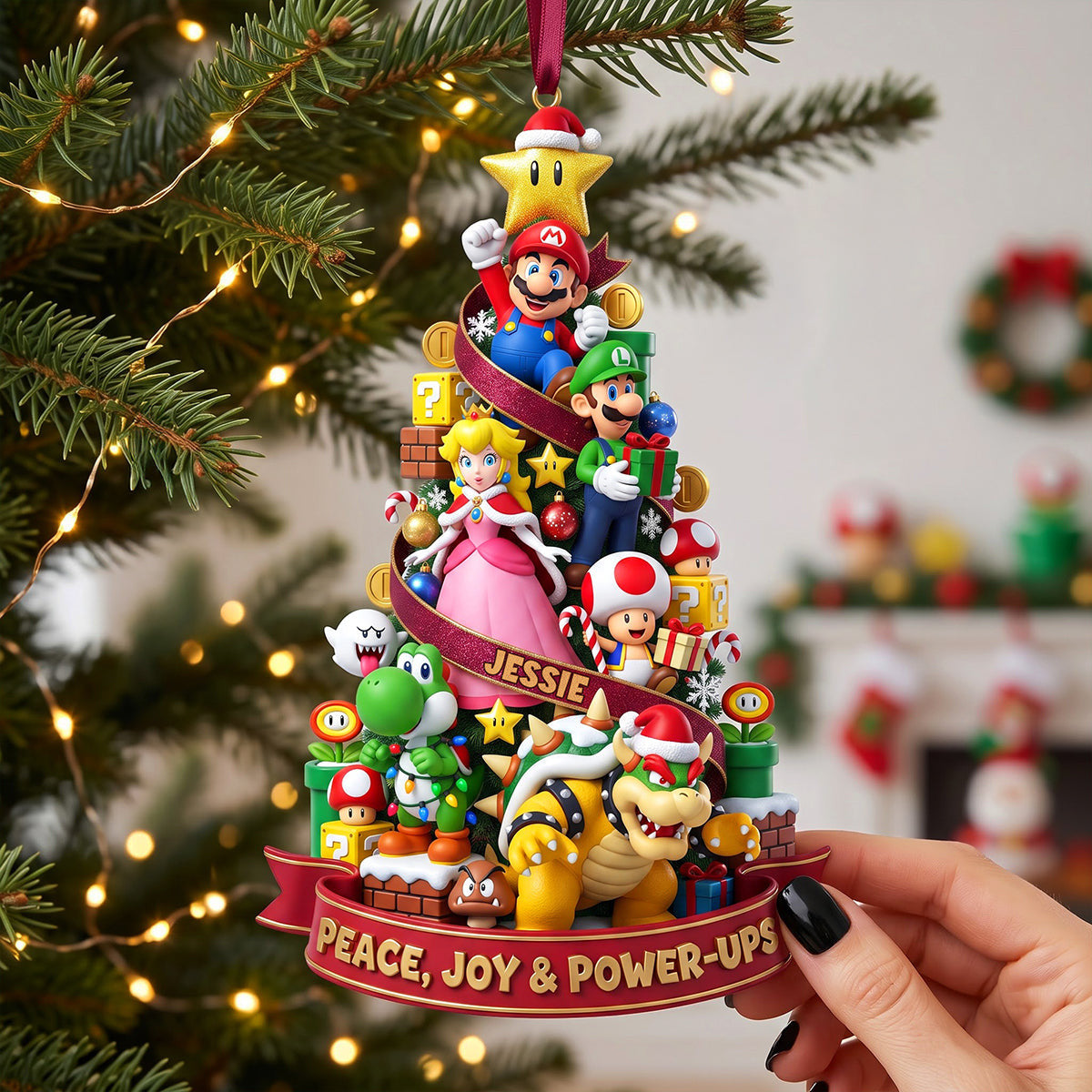 Personalized Super Mario Characters Acrylic Christmas Ornament Peace Joy And Power Ups Merch - Merchluma