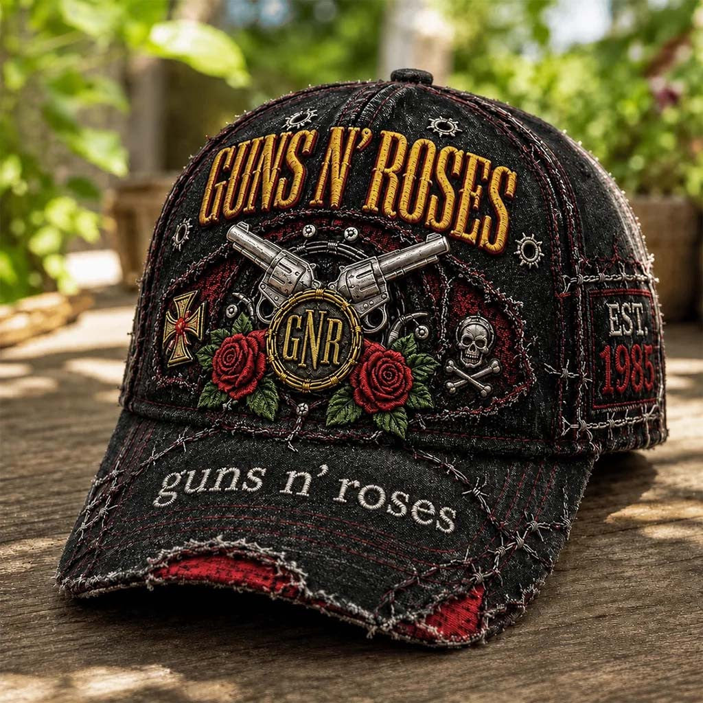Guns N' Roses Vintage Distressed Hat Red Rose Baseball Cap GNR Merch Present For Band Fans - Merchluma