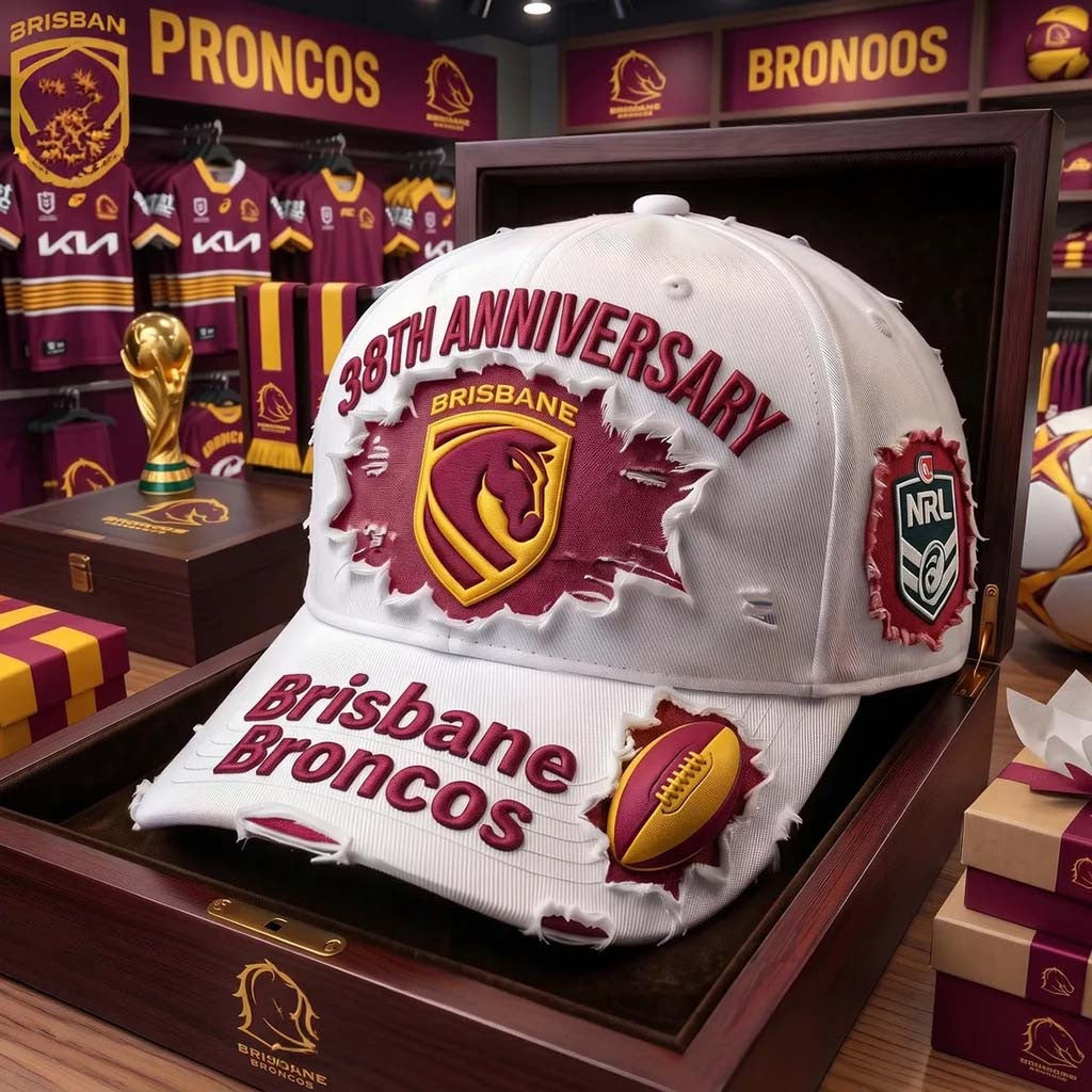 Brisbane Broncos 38th Anniversary White Distressed Hat Brisbane Broncos Merch Rugby Fan Gear - Merchluma