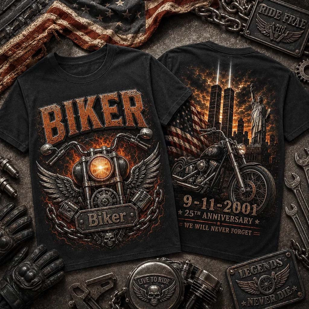 Biker 9 11 25th Anniversary Motorcycle T-Shirt We Will Never Forget Shirt Present For Him - Merchluma