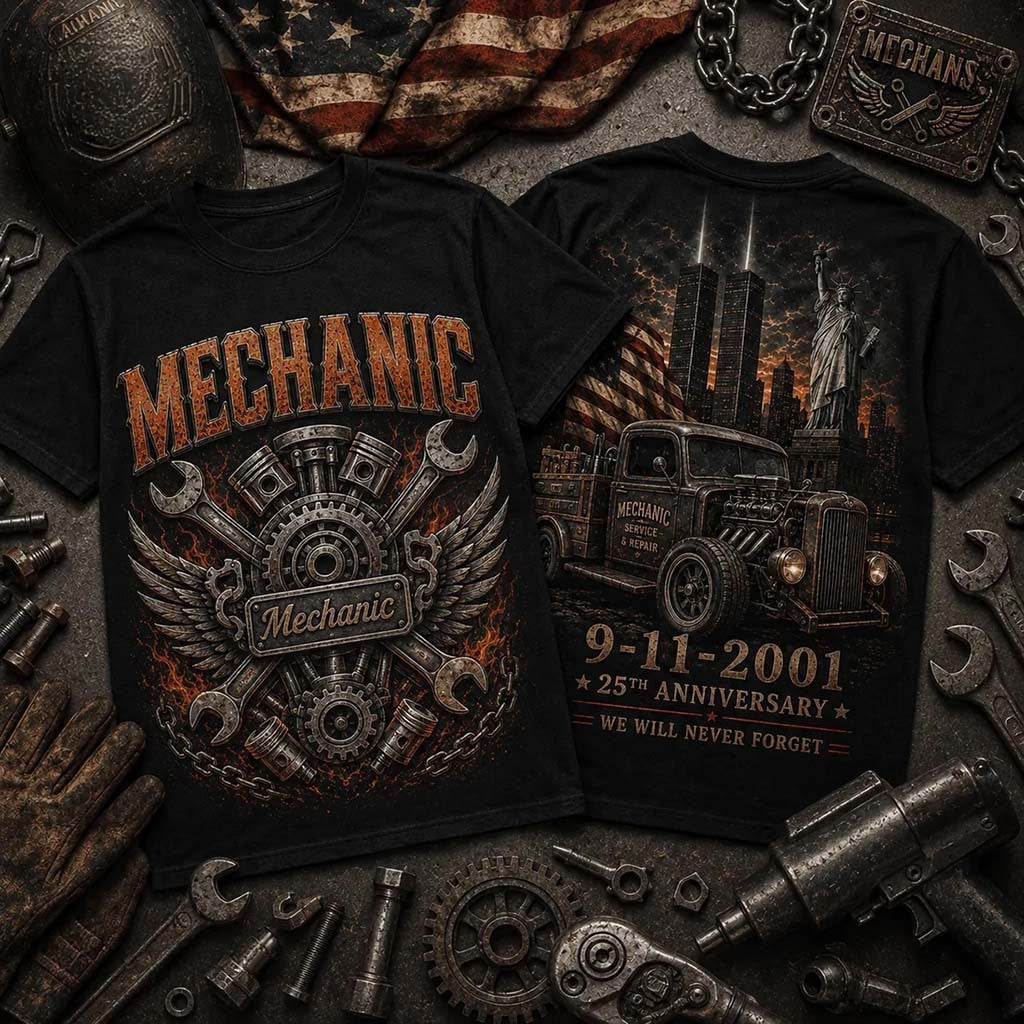 Mechanic 9 11 Memorial We Will Never Forget Black T-Shirt Patriotic Merch Gift For Mechanics - Merchluma