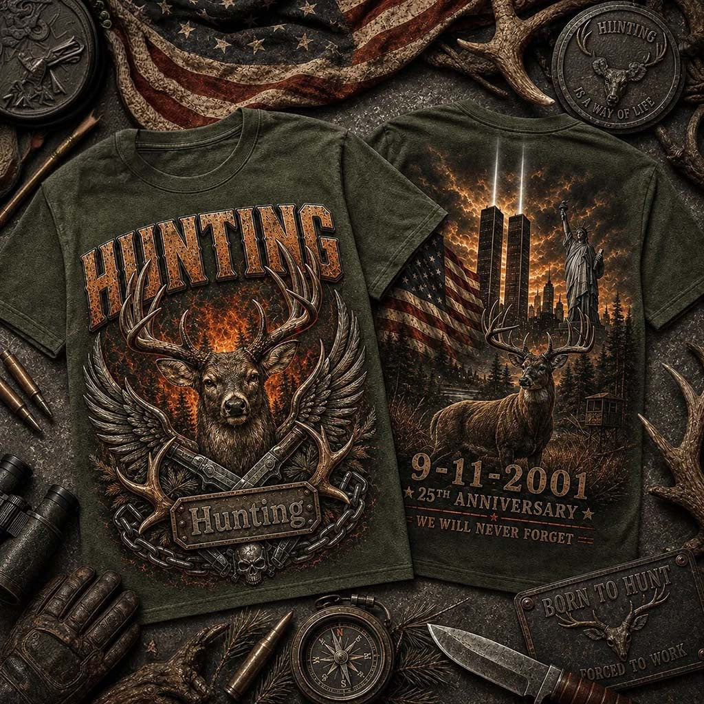 9 11 25th Anniversary Hunting Deer Memorial T-Shirt We Will Never Forget Shirt Hunter Gifts - Merchluma
