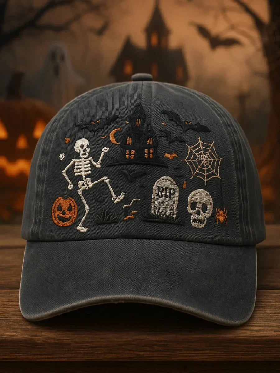 Spooky Halloween Scene With Skeleton Haunted House Pumpkin Hat Halloween Spooky Cap Gift - Merchluma