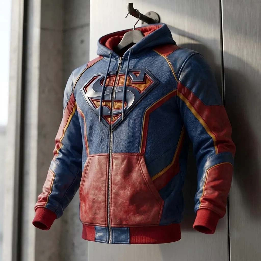 Superman Zip Up Hoodie Man Of Steel Superhero Cosplay Clothing DC Comics Fan Gifts Ideas - Merchluma