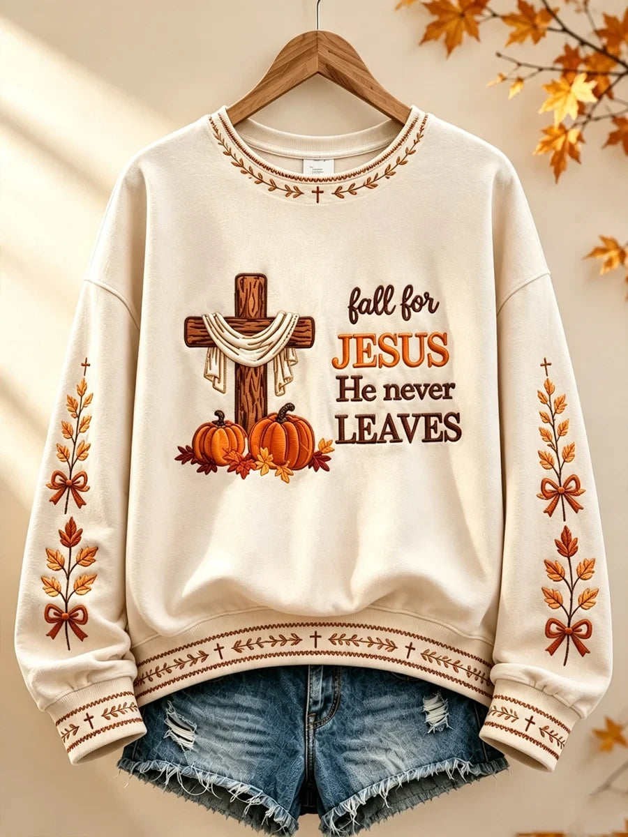 Fall For Jesus He Never Leaves Sweatshirt Autumn Christian Clothing Gift Ideas - Merchluma