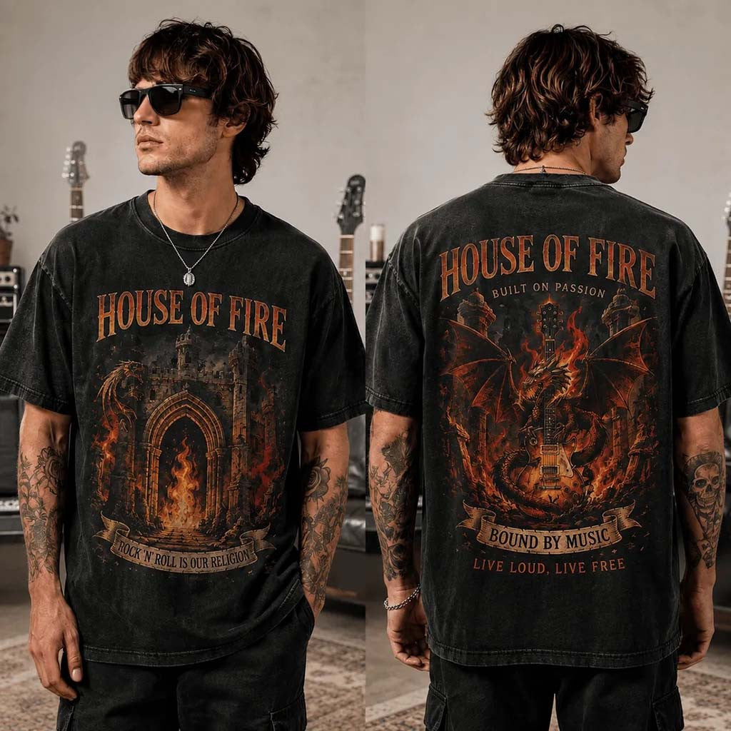 House Of Fire Rock And Roll Dragon Black T-Shirt Bound By Music Live Loud Live Free Shirt - Merchluma
