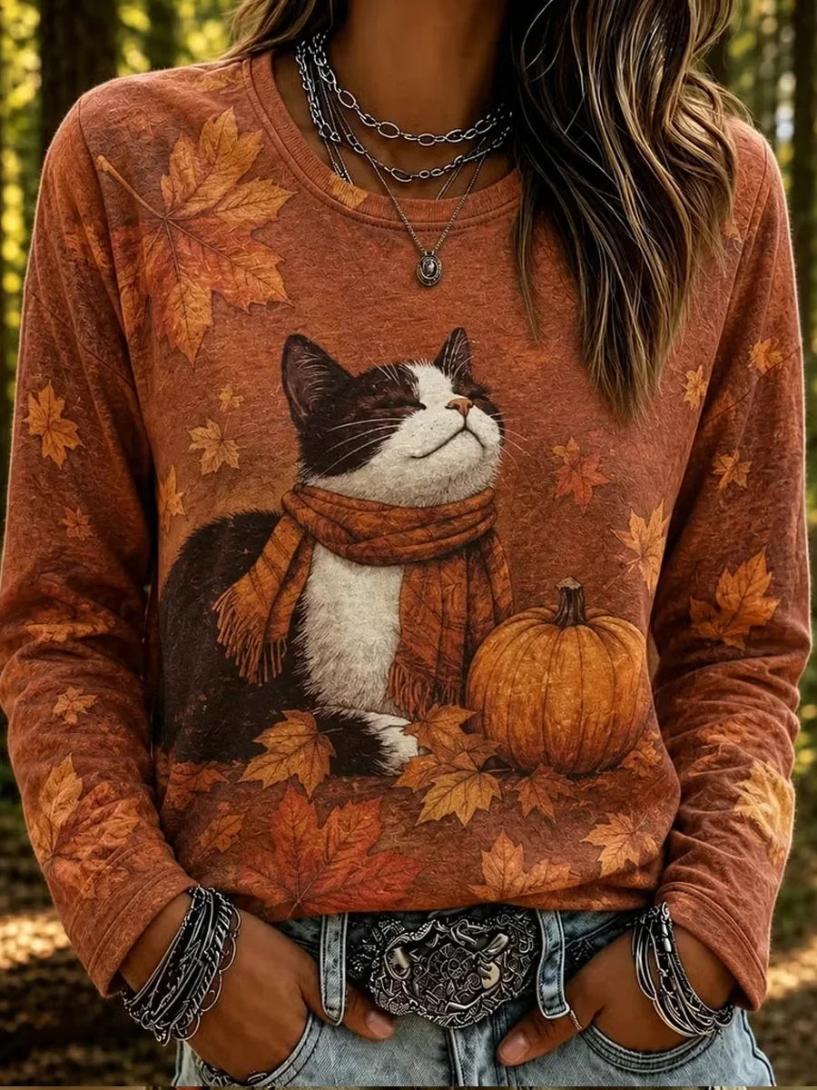 Vintage Fall Cat Sweatshirt Autumn Cat Merch Birthday Presents For Mom - Merchluma