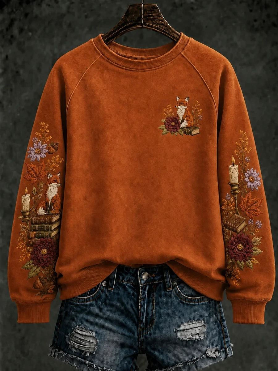 Foxes Among Books Flowers Sweatshirt Autumn Floral Clothing Unique Halloween Apparel Finds - Merchluma