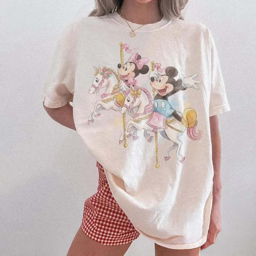 Retro Mickey Minnie Carousel Shirt Cute Cartoon Characters Tee Gift For Her - Merchluma