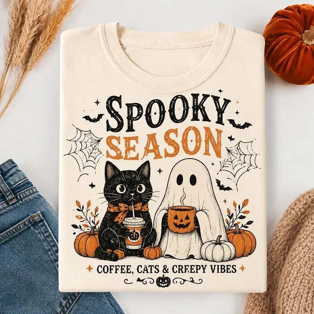 Spooky Season Coffee Cats Creepy Vibes Shirt Cute Black Cat Ghost Halloween Tee Gift For BFF - Merchluma