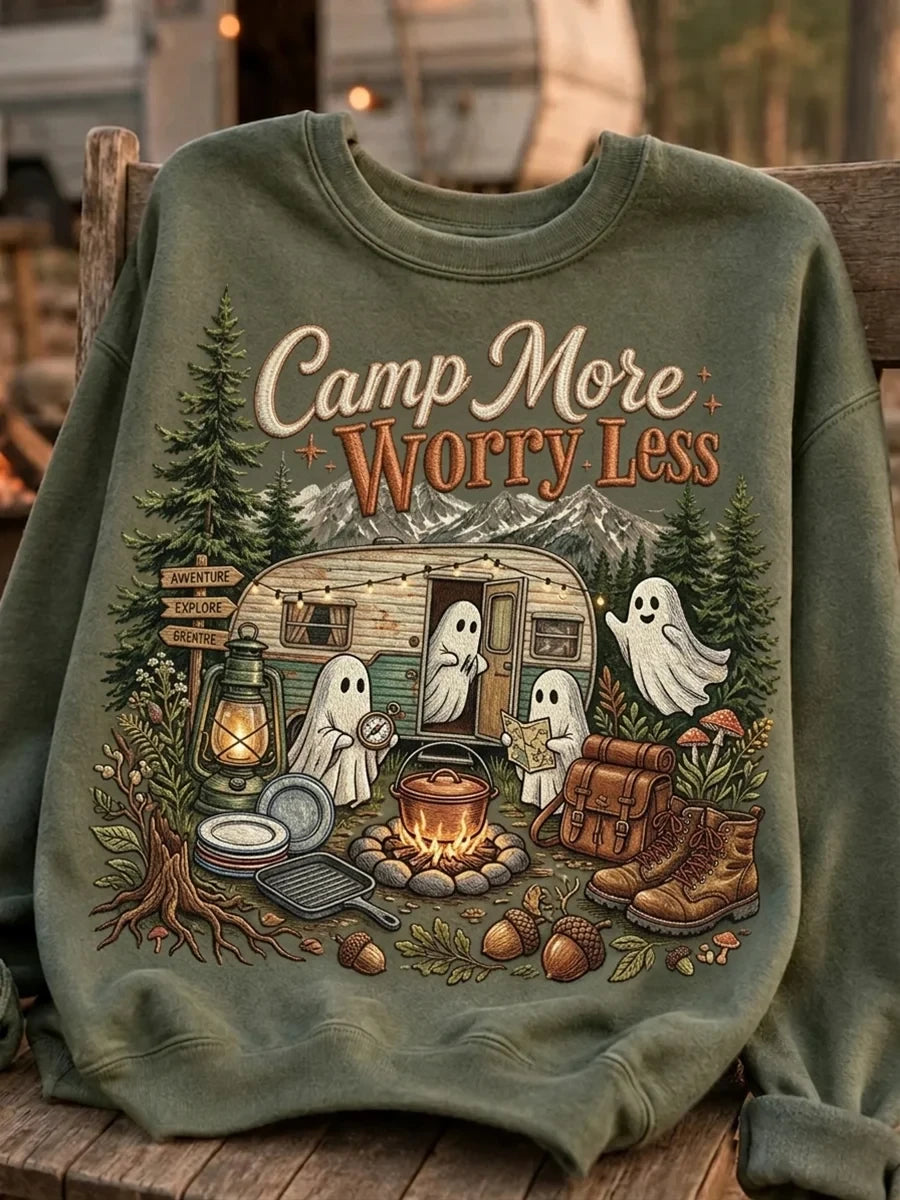 Camp More Worry Less Sweatshirt Camping Ghosts Clothing Halloween Gifts For Adults - Merchluma