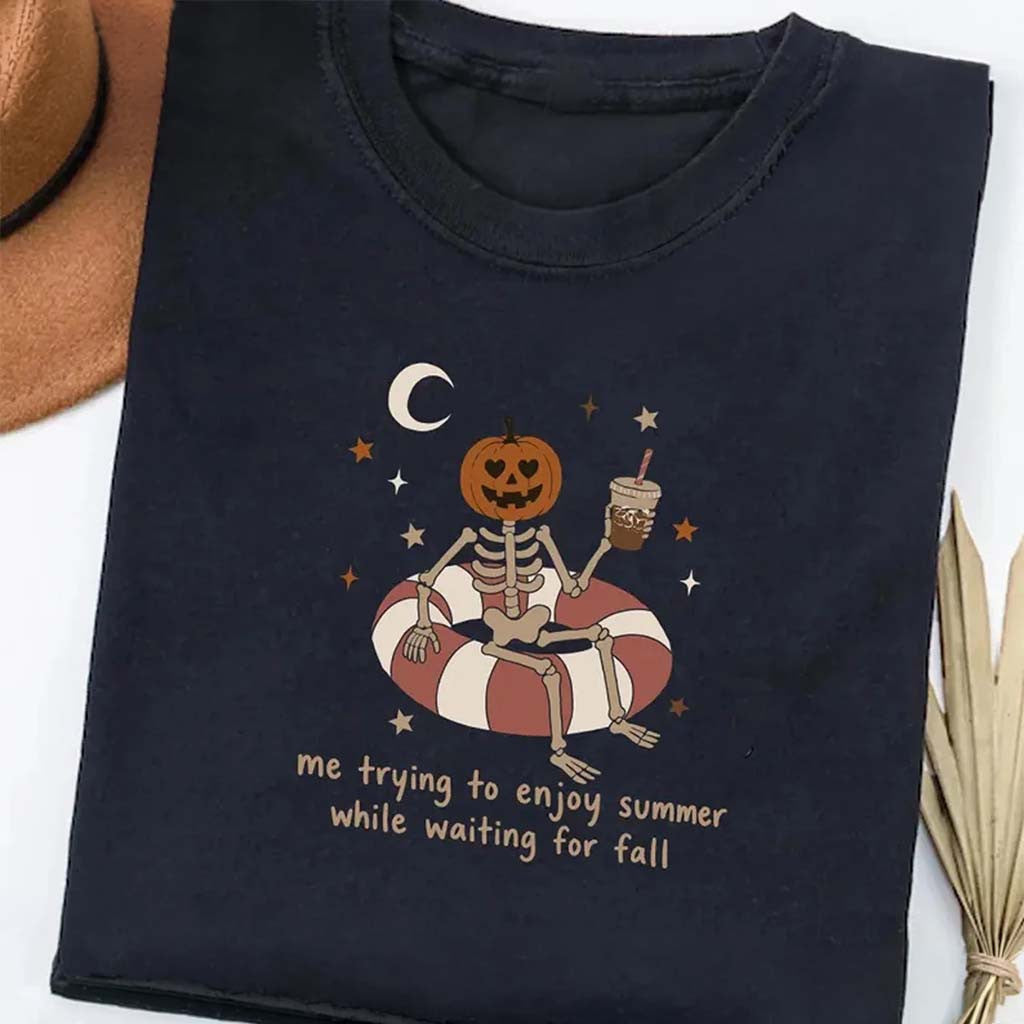 Summerween Skeleton Shirt Me Trying To Enjoy Summer While Waiting For Fall Tee Funny Gifts - Merchluma