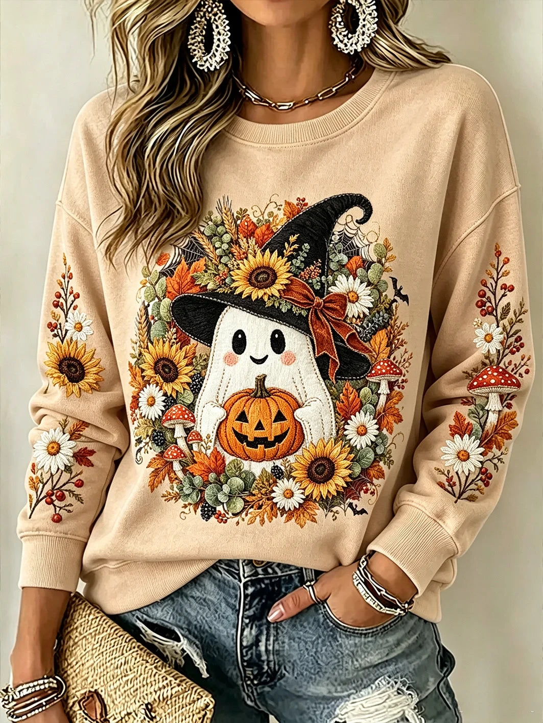 Cute Ghost Pumpkin Witch Hat Sweatshirt Halloween Autumn Merch Useful Gift - Merchluma