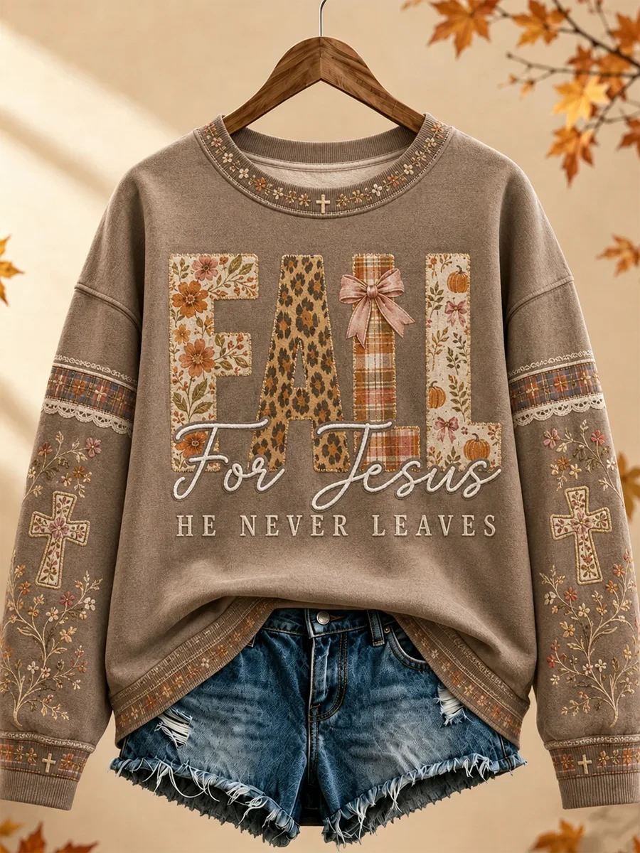 Fall For Jesus He Never Leaves Sweatshirt Autumn Christian Merch Halloween Gifts For Daughter - Merchluma