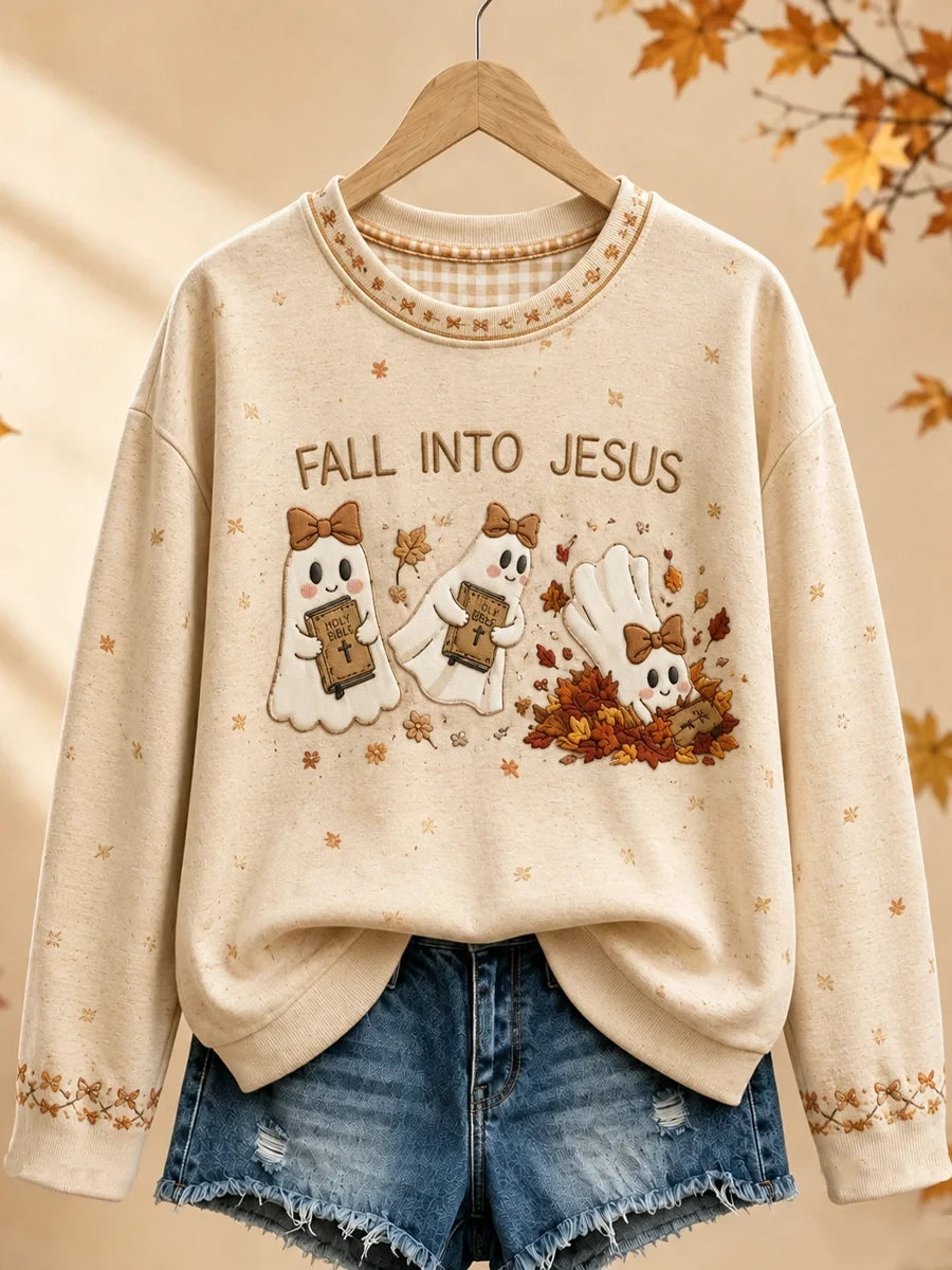 Fall Into Jesus Sweatshirt Autumn Halloween Merch Cozy Halloween Clothes - Merchluma