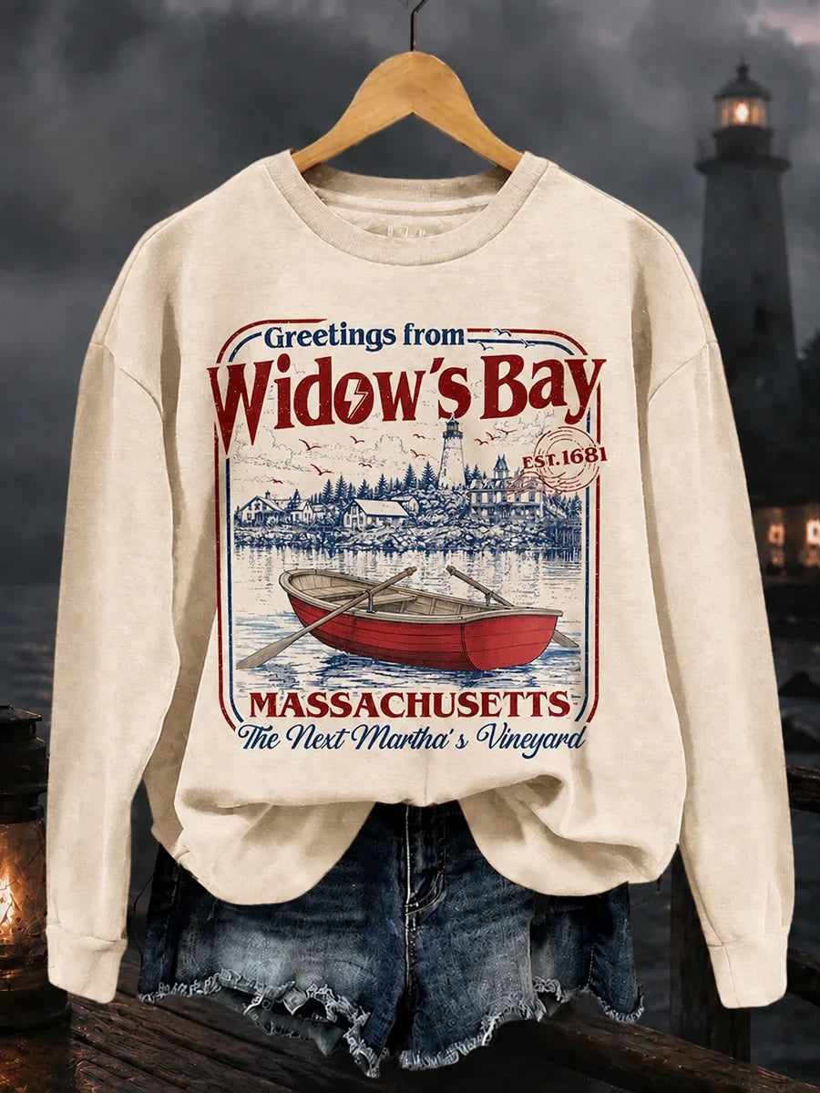 Womens Greetings From Widow Bay Halloween Horror Sweatshirt Unique Birthday Gift For Him - Merchluma