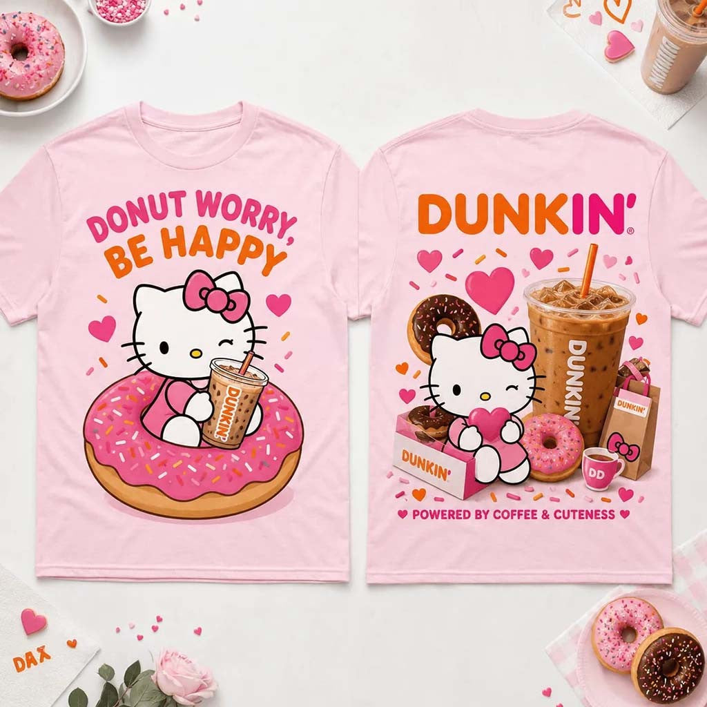 Hello Kitty Dunkin Donuts T-Shirt Donut Worry Be Happy Shirt Cute Gift For Coffee Lover - Merchluma