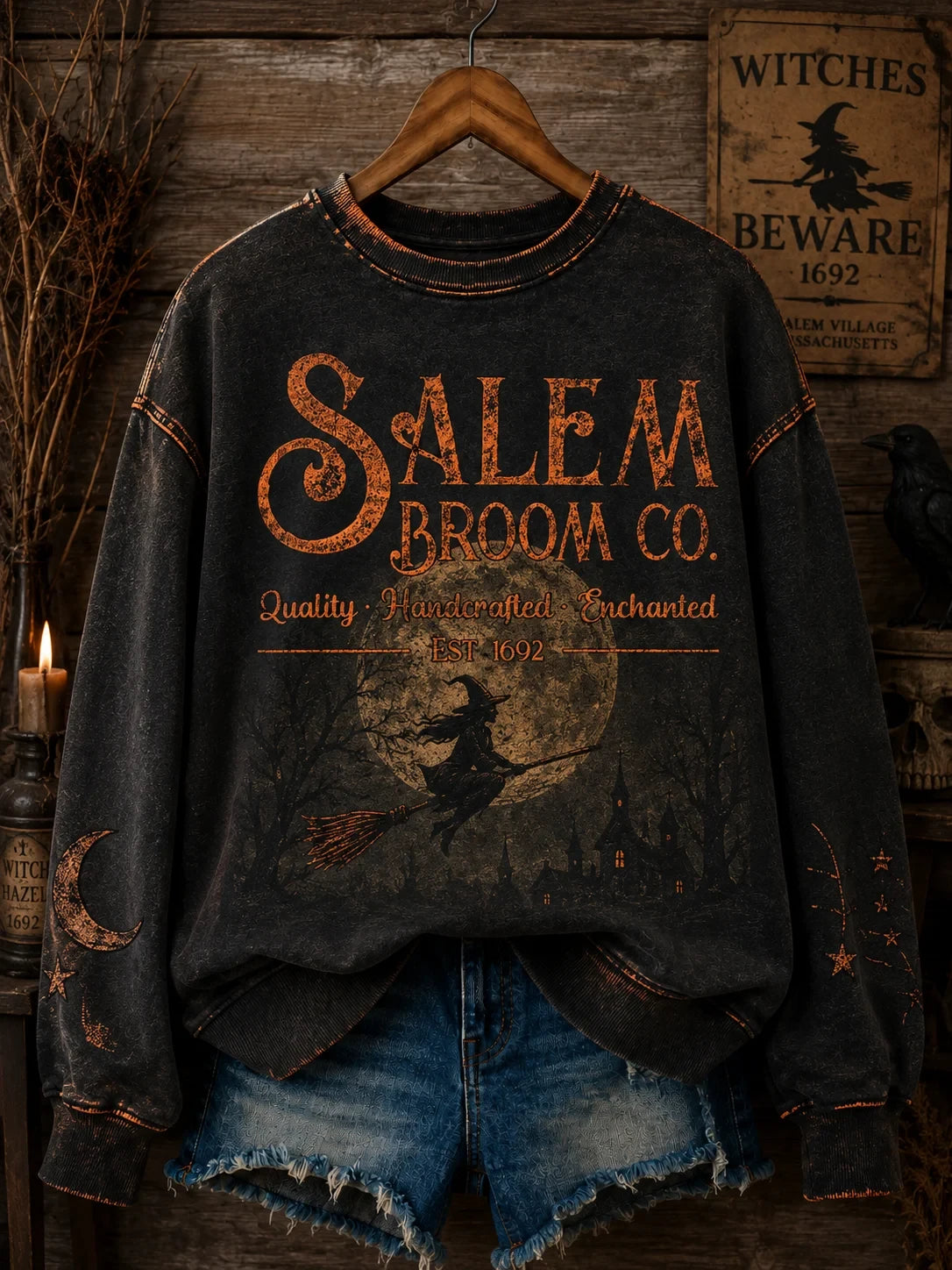 Salem Broom Co Quality Handcrafted Enchanted Est 1692 Sweatshirt Halloween Witch Apparel - Merchluma