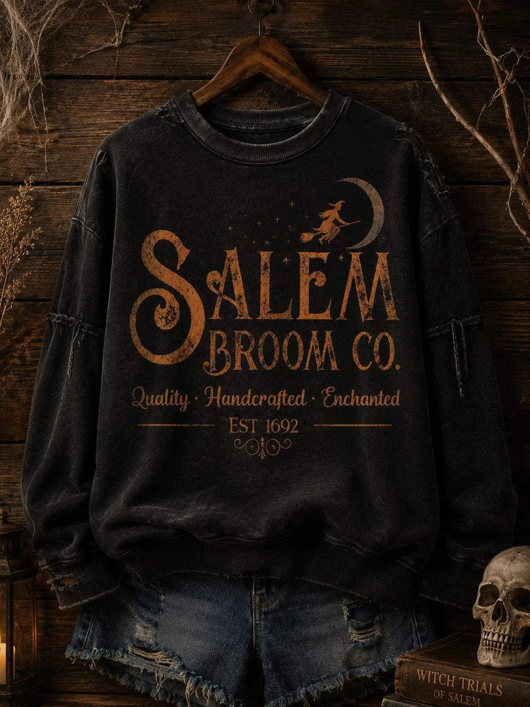 Salem Broom Co Quality Handcrafted Enchanted Est 1692 Sweatshirt Halloween Witch Merch - Merchluma