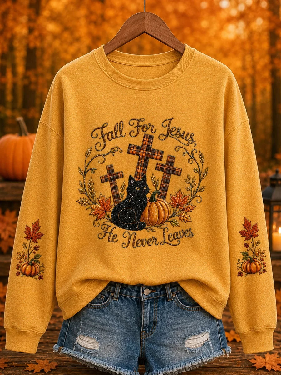 Fall For Jesus He Never Leaves Sweatshirt Autumn Halloween Clothing Gift For New Season - Merchluma