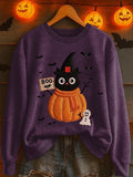 Boo Black Cat Pumpkin Sweatshirt Halloween Spooky Clothing Trendy Halloween Apparel - Merchluma