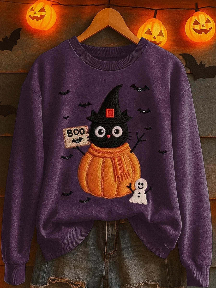 Boo Black Cat Pumpkin Sweatshirt Halloween Spooky Clothing Trendy Halloween Apparel - Merchluma