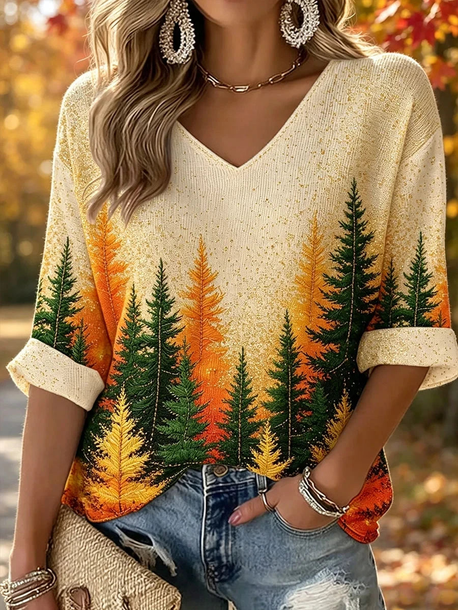 Autumn Pine Trees Cropped Sleeve V-Neck Shirt Nature Landscape Mountain Clothes Gift - Merchluma
