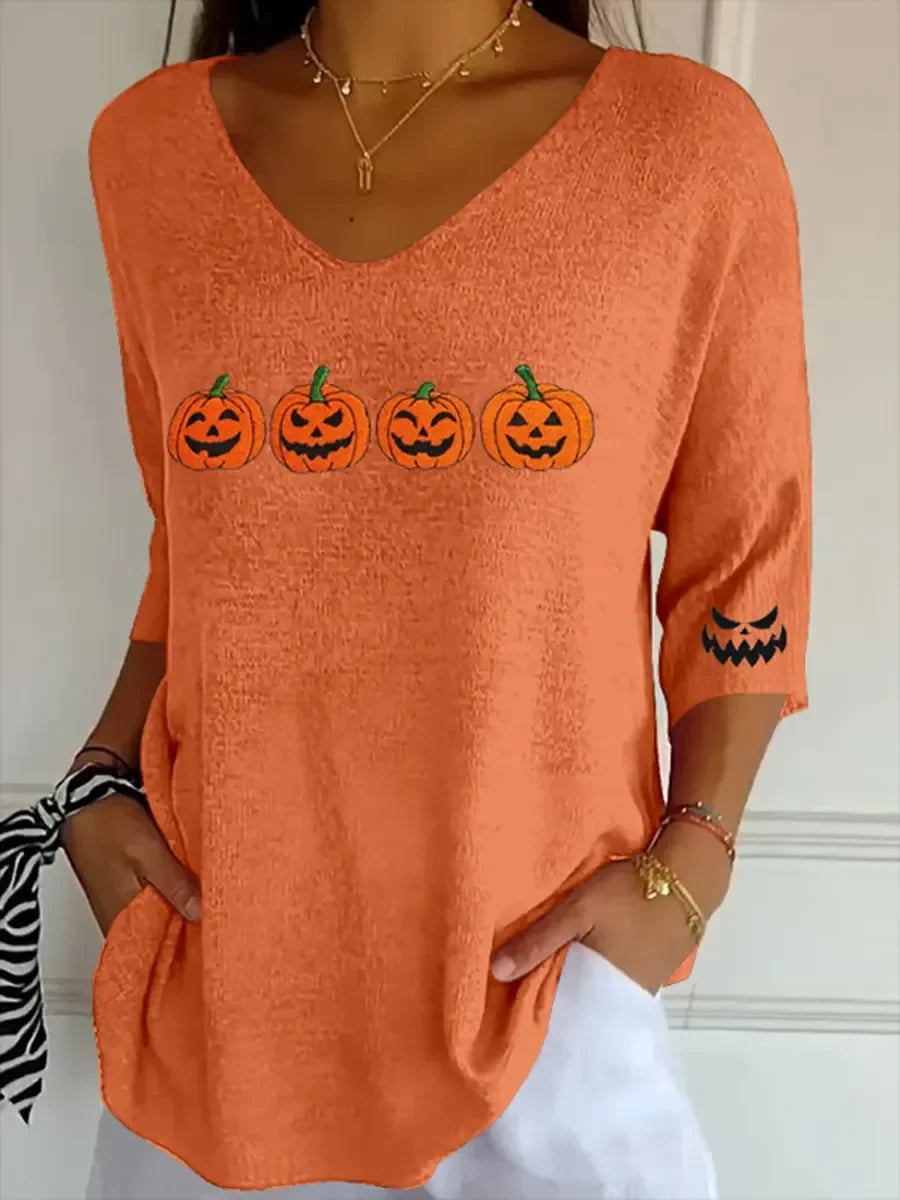 Autumn Pumpkins Cropped Sleeve V-Neck Shirt Funny Halloween Merch Gift Ideas For Her - Merchluma