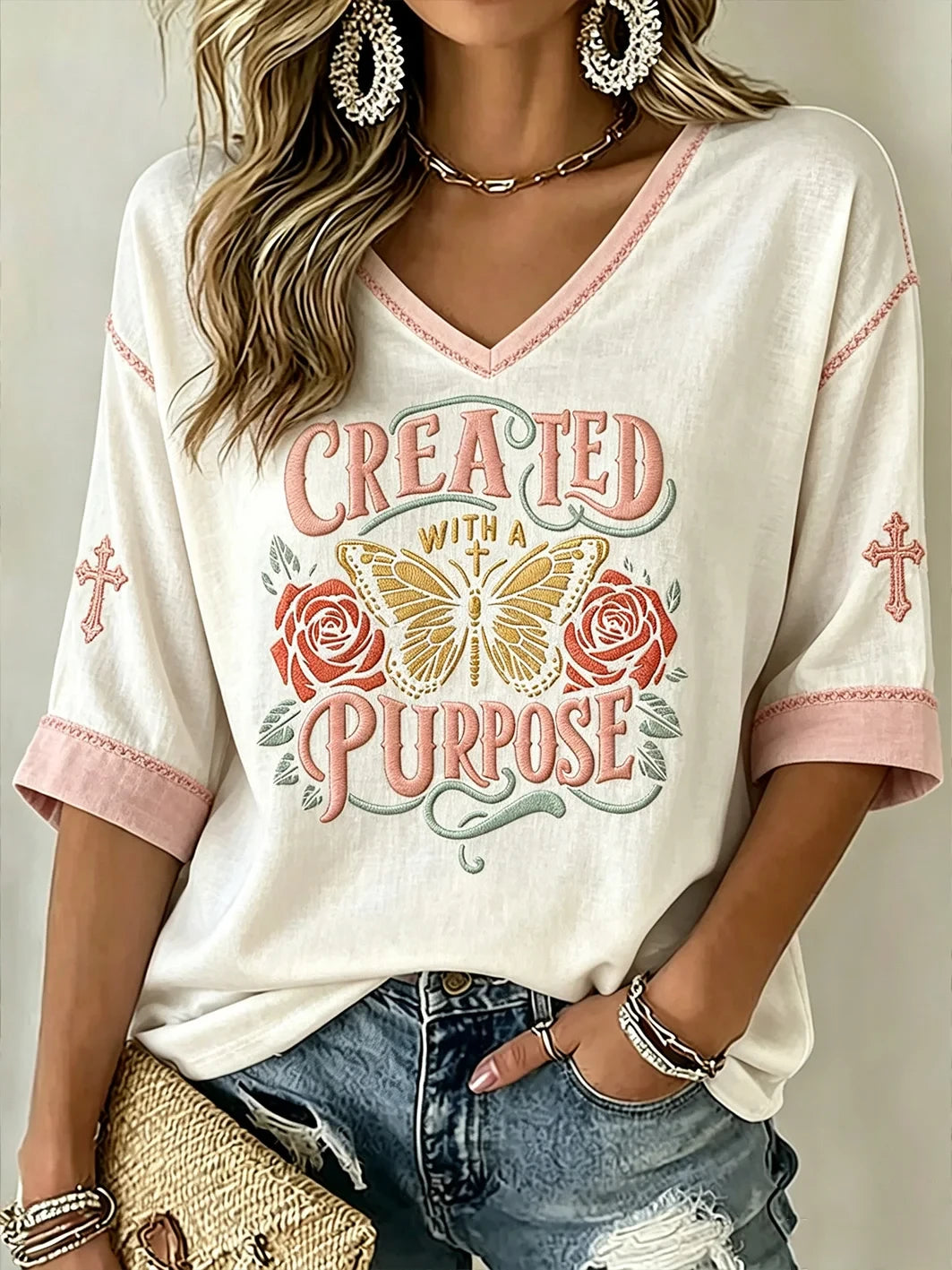 Created With Purpose Cropped Sleeve V-Neck Shirt Christian Clothing Gift - Merchluma
