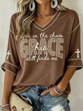 Even In The Chaos Grace Still Finds Me Cropped Sleeve V-Neck Shirt Christian Faith Merch Gift - Merchluma