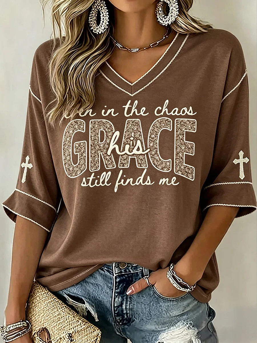 Even In The Chaos Grace Still Finds Me Cropped Sleeve V-Neck Shirt Christian Faith Merch Gift - Merchluma