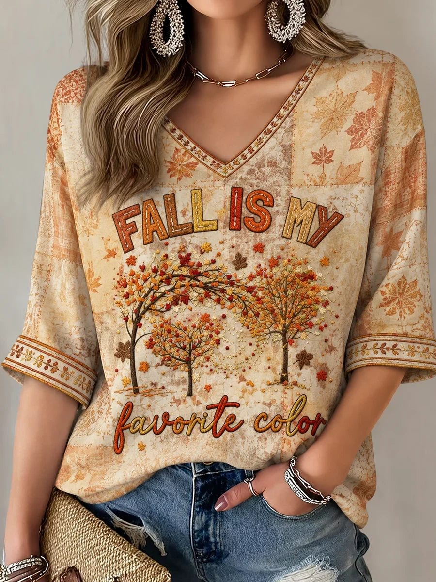 Fall Is My Favorite Color Cropped Sleeve V-Neck Shirt Autumn Clothing Fan Gift - Merchluma