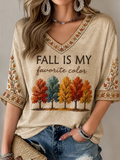 Fall Is My Favorite Cropped Sleeve V-Neck Shirt Cozy Autumn Season Clothing Gifts For Women - Merchluma